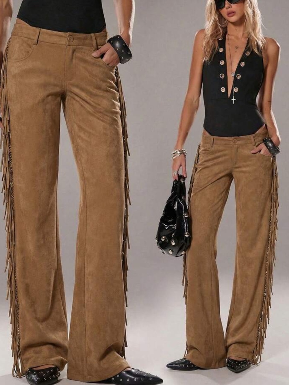 Women's Casual Fashion Flared Fringed Side Design Suede Pants In Burgundy